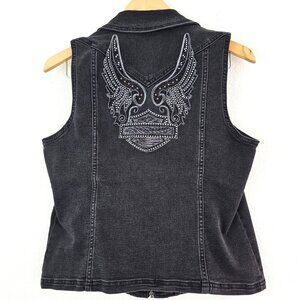 Harley Davidson Womens Sz M Winged Rhinestones Logo Zip-Front Denim Vest Black